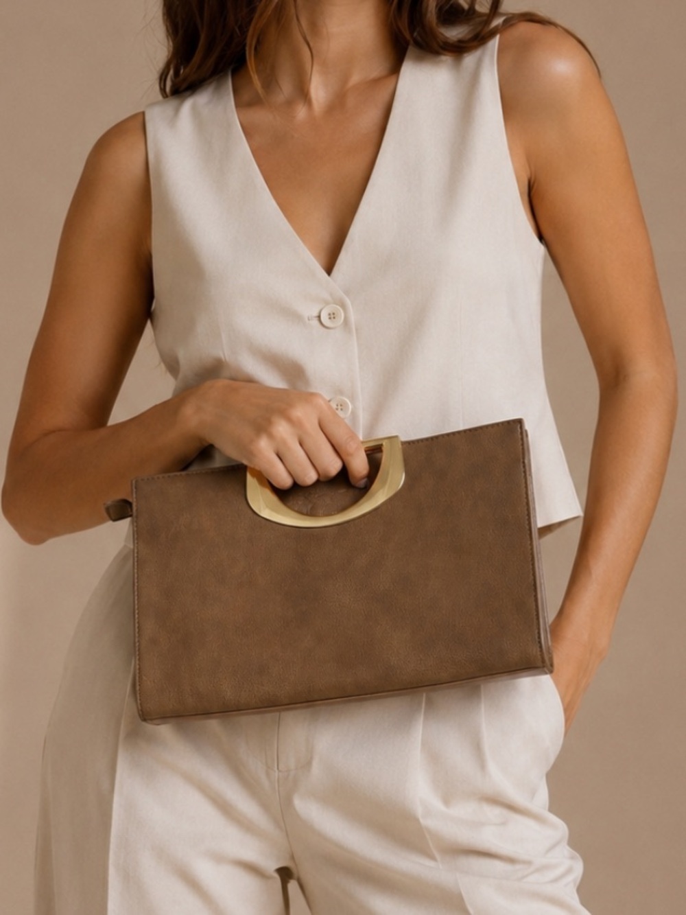 Brown Structured Top Handle Clutch Handbag Gold Hardware Classic Chic
